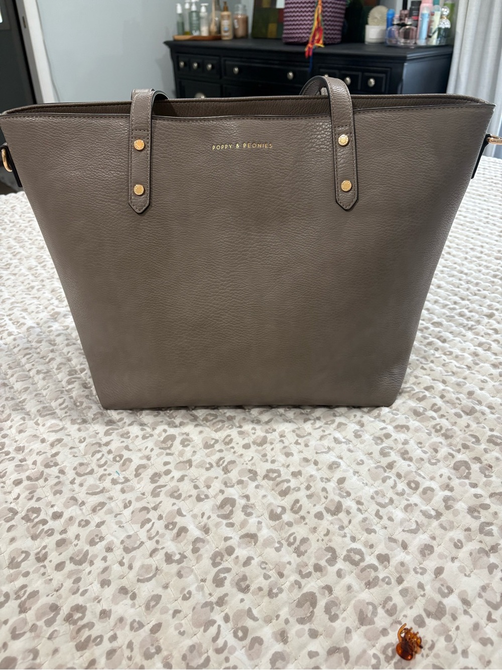 Poppy & Peonies Taupe Leather Tote with Gold Studs - Picture 5 of 7